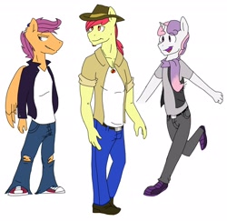 Size: 2240x2176 | Tagged: safe, artist:marmerso, apple bloom, scootaloo, sweetie belle, earth pony, pegasus, unicorn, anthro, g4, applebuck, clothes, cowboy hat, cutie mark crusaders, facial hair, goatee, hat, high res, jacket, jeans, male, older, older apple bloom, older cmc, older scootaloo, older sweetie belle, pants, ripped pants, rule 63, scarf, scooteroll, silver bell, simple background, stallion, torn clothes, trio, white background