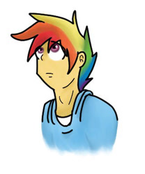 Size: 320x384 | Tagged: safe, artist:marmerso, rainbow dash, human, g4, bust, clothes, hoodie, humanized, rainbow blitz, rule 63, simple background, solo, white background