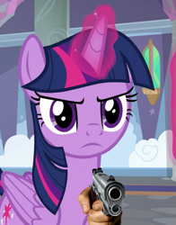 Size: 553x706 | Tagged: safe, edit, edited screencap, screencap, twilight sparkle, alicorn, pony, g4, school daze, angry, delet this, frown, glowing horn, gun, handgun, horn, looking at you, pistol, suddenly hands, twilight sparkle (alicorn)