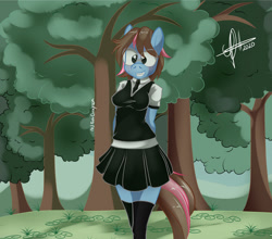 Size: 1280x1126 | Tagged: safe, artist:zcomic, oc, oc only, earth pony, anthro, arm behind back, breasts, clothes, digital art, female, forest, glasses, shirt, skirt, smiling, solo, stockings, tail, thigh highs, thighs, tree
