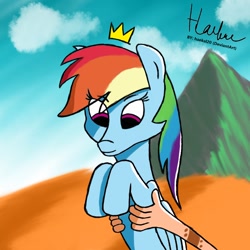 Size: 1080x1080 | Tagged: safe, artist:haekal20, rainbow dash, human, pegasus, pony, g4, holding a pony
