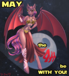 Size: 1166x1280 | Tagged: safe, artist:st. oni, oc, oc only, oc:delilah garnet, bat pony, anthro, unguligrade anthro, bat pony oc, clothes, commission, crossover, female, full body, may the fourth be with you, princess leia, slave leia outfit, solo, space, star wars, wings