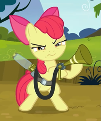 Size: 503x602 | Tagged: safe, screencap, apple bloom, earth pony, pony, bloom & gloom, g4, season 5, angry, bipedal, cropped, female, filly, medic, medic (tf2), medigun, pest control gear, solo, team fortress 2, twitbuster apple bloom