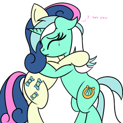 Size: 2000x2000 | Tagged: safe, artist:dafiltafish, bon bon, lyra heartstrings, sweetie drops, earth pony, pony, unicorn, comic:day by day, g4, bipedal, crying, cute, daaaaaaaaaaaw, dialogue, eyes closed, female, high res, hug, i love you, lesbian, reconciliation, ship:lyrabon, shipping, simple background, transparent background