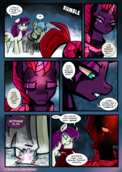 Size: 2480x3508 | Tagged: safe, artist:dsana, tempest shadow, oc, oc:fireweed, oc:thistledown, earth pony, pony, unicorn, comic:a storm's lullaby, g4, angry, armor, brother and sister, comic, crying, crystal, crystal armor, earth pony oc, eyes closed, female, high res, horn, male, mare, open mouth, scar, siblings, stallion, tears of anger, tempest gets her horn back, this will end in tears, wiping tears