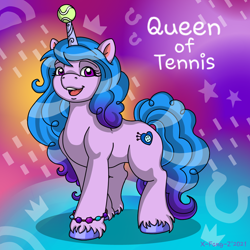 Size: 1024x1024 | Tagged: safe, artist:x-fang-z, izzy moonbow, pony, unicorn, g5, ball, cute, female, horn, horn impalement, hornball, izzy's tennis ball, izzybetes, mare, open mouth, simple background, solo, tennis ball, text, unshorn fetlocks