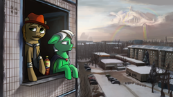 Size: 1920x1080 | Tagged: safe, artist:parab3llum, oc, oc only, oc:capist, oc:solar fields, pony, barnaul, cloudsdale, cyrillic, duo, male, plattenbau, russian, semki