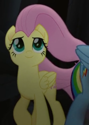 Size: 282x397 | Tagged: safe, screencap, fluttershy, rainbow dash, pegasus, pony, g4, my little pony: the movie, confident, cropped, duo, duo female, female, mare, offscreen character, smiling, solo focus, tail, windswept mane, windswept tail