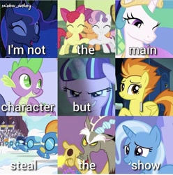Size: 750x755 | Tagged: source needed, safe, edit, edited screencap, editor:rainbow_dashery, screencap, apple bloom, discord, princess luna, scootaloo, spike, spitfire, starlight glimmer, sweetie belle, trixie, alicorn, draconequus, dragon, pegasus, pony, unicorn, celestial advice, g4, luna eclipsed, marks for effort, sweet and elite, the cutie map, the return of harmony, top bolt, antagonist, caption, collage, cutie mark crusaders, evil smile, female, grin, group hug, hug, image macro, laughing, male, mare, one eye closed, op has a point, s5 starlight, smiling, stallion, text, villainess, wink, wonderbolts