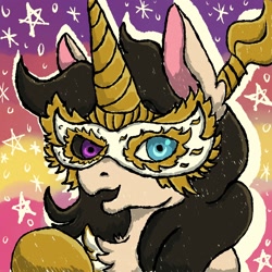 Size: 2048x2048 | Tagged: safe, artist:phutphitchaya, oc, oc only, oc:golden hooves, pony, unicorn, abstract background, bust, chest fluff, female, hair wrap, heterochromia, high res, horn, mare, mask, smiling, solo, unicorn oc
