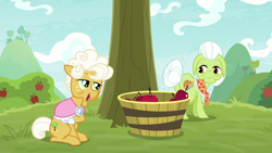 Size: 1920x1080 | Tagged: safe, screencap, goldie delicious, granny smith, earth pony, pony, g4, going to seed, apple, bucket, duo, duo female, female, food, mare, tree