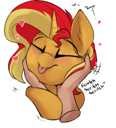 Size: 2226x2457 | Tagged: safe, artist:beardie, sunset shimmer, human, pony, unicorn, g4, beardies scritching ponies, blushing, cute, disembodied hand, eyes closed, floating heart, hand, heart, high res, petting, scratches, shimmerbetes, smiling, tongue out
