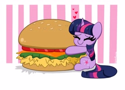 Size: 4096x2952 | Tagged: safe, artist:kittyrosie, twilight sparkle, alicorn, pony, burger, cargo ship, chibi, cute, eyes closed, female, floating heart, food, hay burger, heart, high res, hug, mare, redraw, shipping, smiling, solo, that pony sure does love burgers, twiabetes, twilight burgkle, twilight sparkle (alicorn)