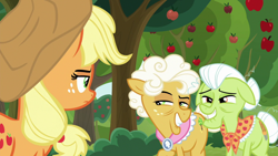 Size: 1920x1080 | Tagged: safe, screencap, applejack, goldie delicious, granny smith, earth pony, pony, g4, going to seed, season 9, apple, apple tree, applejack is not amused, female, floppy ears, mare, tree, unamused