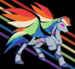 Size: 866x797 | Tagged: safe, artist:pigeorgien, rainbow dash, pegasus, pony, robot, robot pony, g4, abstract background, alternate cutie mark, colored wings, female, mare, multicolored wings, rainbot dash, rainbow wings, raised hoof, roboticization, solo, wings