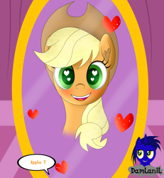 Size: 3840x4154 | Tagged: safe, artist:damlanil, applejack, earth pony, pony, g4, apple, blushing, carousel boutique, comic, cute, female, happy, heart, heart eyes, jackabetes, looking at you, mare, mirror, open mouth, simple background, smiling, text, that pony sure does love apples, vector, wingding eyes