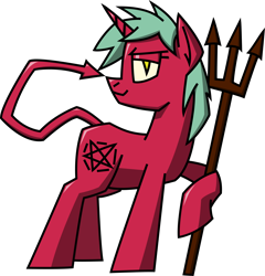 Size: 3032x3160 | Tagged: safe, artist:skookz, derpibooru exclusive, oc, oc only, devil, pony, unicorn, boop, devil tail, female, high res, looking at you, mare, pentagram, pitchfork, self-boop, simple background, solo, transparent background, vector
