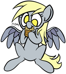 Size: 1635x1845 | Tagged: safe, artist:skookz, derpy hooves, pegasus, pony, g4, cute, eating, female, food, mare, muffin, no pupils, nom, simple background, sitting, solo, spread wings, text, transparent background, wings