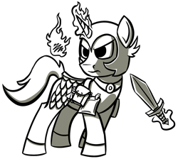 Size: 1450x1300 | Tagged: safe, artist:skookz, oc, oc only, pony, unicorn, armor, bag, black and white, grayscale, jewelry, magic, male, monochrome, necklace, saddle bag, simple background, solo, stallion, sword, transparent background, weapon