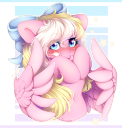 Size: 3519x3700 | Tagged: safe, artist:sweesear, oc, oc only, oc:bay breeze, pegasus, pony, blushing, bow, cute, eye clipping through hair, female, hair bow, high res, looking at you, mare, ocbetes, pegasus oc, signature, simple background, solo, spread wings, wings