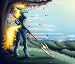 Size: 2537x2160 | Tagged: safe, artist:bomzzzik, tianhuo (tfh), dragon, hybrid, longma, anthro, unguligrade anthro, them's fightin' herds, armor, community related, digital art, dragoness, fantasy class, female, halberd, high res, solo, warrior, weapon