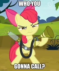 Size: 500x598 | Tagged: safe, edit, edited screencap, screencap, apple bloom, earth pony, pony, bloom & gloom, g4, season 5, angry, bipedal, caption, cropped, female, ghostbusters, image macro, meme, solo, text, twitbuster apple bloom
