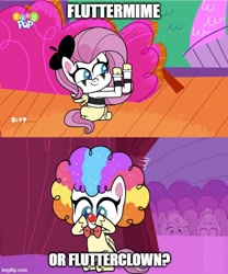 Size: 500x600 | Tagged: safe, artist:mlpfan3991, edit, edited screencap, screencap, fluttershy, pegasus, pony, g4.5, lolly-pop, my little pony: pony life, playwright or wrong, spoiler:pony life s02e19, spoiler:pony life s02e21, clown, clown nose, clown wig, female, flutterclown, fluttermime, imgflip, mare, mime, question, red nose, solo, tiny pop