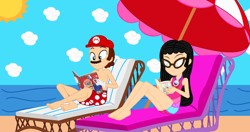 Size: 1360x719 | Tagged: safe, artist:nackliza, artist:user15432, oc, oc:aaliyah, human, equestria girls, g4, aaliyah, amulet, barefoot, barely eqg related, base used, beach, beach chair, beach umbrella, book, cap, chair, clothes, cloud, crossover, duo, equestria girls style, equestria girls-ified, feet, glasses, gloves, hat, hello kitty, hello kitty (character), jewelry, kitty white, male, mario, mario's hat, necklace, nintendo, ocean, reading, sand, sanrio, summer, sun, super mario 3d all-stars, super mario 64, super mario bros., super mario galaxy, super mario sunshine, swimming trunks, swimsuit, the little mermaid, umbrella, water