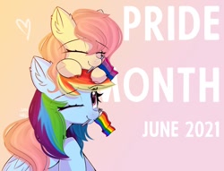 Size: 1280x977 | Tagged: safe, artist:janelearts, fluttershy, rainbow dash, pegasus, pony, g4, eyebrows, eyebrows visible through hair, eyes closed, female, lesbian, mare, mouth hold, one eye closed, pony hat, pride flag, ship:flutterdash, shipping, smiling
