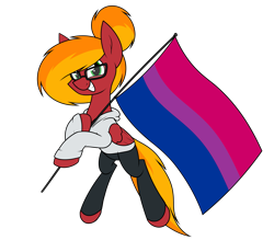 Size: 1729x1516 | Tagged: safe, artist:moonatik, oc, oc only, oc:moonatik, pegasus, pony, bisexual pride flag, clothes, flag, glasses, hair bun, holding a flag, hoodie, looking at you, male, pants, pegasus oc, pride, pride flag, pride month, simple background, solo, stallion, transparent background, wings