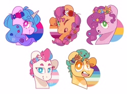 Size: 4096x3028 | Tagged: safe, artist:cocopudu, hitch trailblazer, izzy moonbow, pipp petals, sunny starscout, zipp storm, earth pony, pegasus, pony, unicorn, g5, bisexual pride flag, blaze (coat marking), braid, bust, coat markings, facial markings, female, floppy ears, flower, flower in hair, gay pride flag, high res, lesbian pride flag, looking at you, male, mane five, mare, one eye closed, open mouth, pale belly, pansexual pride flag, pride, pride flag, pride month, simple background, stallion, trans zipp, transgender pride flag, white background, white pupils, wink