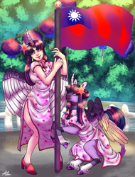 Size: 903x1187 | Tagged: safe, artist:malinraf1615, twilight sparkle, alicorn, human, pony, g4, alicorn humanization, alternate hairstyle, asian, clothes, commission, curved horn, dress, duo, female, fence, flag, high heels, horn, horned humanization, human ponidox, humanized, lantern, leonine tail, lipstick, makeup, mare, markings, nail polish, national flag, pun, raised hoof, self paradox, self ponidox, shoes, sitting, taiwan, taiwan flag, tree, twilight sparkle (alicorn), unshorn fetlocks, water, winged humanization