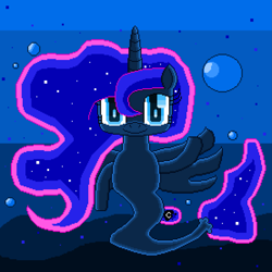 Size: 2449x2449 | Tagged: safe, artist:superhypersonic2000, princess luna, alicorn, pony, seapony (g4), g4, blue eyes, blue mane, bubble, crown, ethereal mane, female, fish tail, high res, horn, jewelry, looking at you, ocean, pixel art, regalia, seaponified, seapony luna, smiling, solo, species swap, starry mane, tail, underwater, water, wings