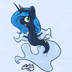 Size: 500x500 | Tagged: safe, artist:easyfox7, princess luna, alicorn, pony, sea pony, g4, blue background, blue mane, crown, dorsal fin, female, fins, fish tail, green eyes, horn, jewelry, ocean, open mouth, open smile, regalia, seaponified, seapony luna, signature, simple background, smiling, solo, species swap, tail, teeth, underwater, water