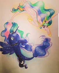 Size: 1080x1329 | Tagged: safe, artist:stardustartwork8, princess celestia, alicorn, pony, seapony (g4), g4, crown, dorsal fin, ethereal mane, ethereal tail, eyeshadow, female, fin wings, fish tail, flowing mane, flowing tail, happy, hoof shoes, horn, jewelry, lidded eyes, looking at each other, looking at someone, makeup, mare, ocean, open mouth, open smile, peytral, princess shoes, regalia, scales, seaponified, seapony celestia, seapony luna, simple background, smiling, smiling at each other, species swap, starry mane, starry tail, swimming, tail, underwater, water, wings