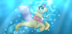 Size: 2100x1000 | Tagged: safe, artist:artisticcupcakezz, princess skystar, seapony (g4), g4, my little pony: the movie, blue eyes, bubble, female, fin wings, fins, fish tail, flower, flower in hair, flowing mane, flowing tail, freckles, jewelry, looking up, necklace, ocean, pearl necklace, solo, tail, underwater, water, wings