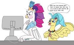 Size: 3264x1994 | Tagged: safe, artist:supahdonarudo, princess skystar, queen novo, classical hippogriff, hippogriff, my little pony: the movie, ..., blushing, computer, computer mouse, dialogue, duo, duo female, embarrassed, female, flower, happy, high res, jewelry, mother and child, mother and daughter, necklace, simple background, speech bubble, surprised, text, transparent background