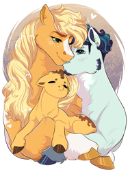 Size: 1670x2200 | Tagged: safe, artist:theartfox2468, applejack, coloratura, oc, oc:golden russet, earth pony, pony, g4, alternate hairstyle, beard, blaze (coat marking), blushing, chest fluff, coat markings, colt, ear piercing, earring, eyebrow piercing, facial hair, facial markings, father and child, father and son, female, freckles, grin, heart, hug, jewelry, kissing, leg fluff, male, mare, markings, mother and child, mother and son, offspring, parent:applejack, parent:caramel, parents:carajack, piercing, redesign, ship:rarajack, shipping, smiling, stallion, straight, trans male, transgender, unshorn fetlocks