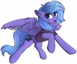 Size: 3920x3300 | Tagged: safe, alternate version, artist:lakunae, princess luna, alicorn, pony, g4, chest fluff, clothes, female, flying, glowing horn, high res, horn, magic, mare, open mouth, s1 luna, smiling, solo, spread wings, vest, wings