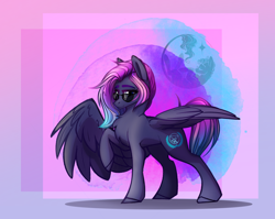 Size: 1684x1343 | Tagged: safe, artist:alrumoon_art, oc, oc only, pegasus, pony, abstract background, chest fluff, partially open wings, raised hoof, solo, sunglasses, wings