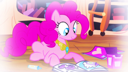 Size: 1920x1080 | Tagged: safe, screencap, pinkie pie, bird, earth pony, pony, g4, princess twilight sparkle (episode), season 4, book, coloring, coloring book, crayon, cute, diapinkes, drawing, element of laughter, flashback, golden oaks library, heart, jewelry, necklace, smiling, solo