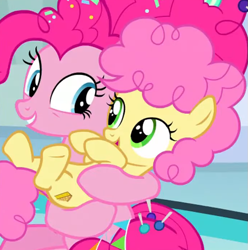 Size: 687x693 | Tagged: safe, screencap, li'l cheese, pinkie pie, earth pony, pony, g4, season 9, the last problem, candy, colt, cropped, cute, duo, female, foal, food, holding a pony, li'l cheesebetes, male, mother and child, older, older pinkie pie, open mouth, teeth