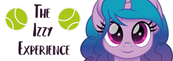 Size: 1000x350 | Tagged: safe, artist:cloudy glow, edit, izzy moonbow, pony, unicorn, equestria daily, g5, april fools, april fools 2021, ball, banner, close-up, female, looking at you, mare, movie accurate, simple background, smiling, smiling at you, solo, tennis ball, text, text edit, transparent background