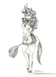 Size: 1000x1366 | Tagged: safe, artist:baron engel, autumn blaze, kirin, anthro, unguligrade anthro, g4, breasts, clothes, duster, female, grayscale, maid, monochrome, outfit, pencil drawing, smiling, solo, traditional art