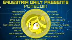 Size: 1280x720 | Tagged: safe, oc, oc only, oc:spotlight splash, pony, equestria daily, april fools, april fools 2018, bitcoin, blue background, cryptocurrency, liar face, scrunchy face, simple background, technology, text