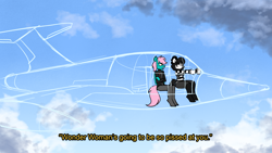 Size: 3200x1800 | Tagged: safe, artist:latexia, oc, oc only, oc:cid, oc:isabelle incraft, oc:izzy, anthro, beret, dialogue, duo, female, flying, hat, high res, invisible, invisible jet, male, mime, plane