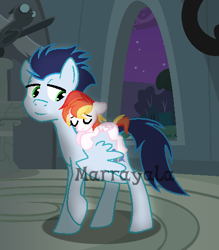Size: 438x499 | Tagged: safe, artist:marrayala, soarin', oc, oc:cirrus cloud, pegasus, pony, g4, base used, duo, father and child, father and daughter, female, filly, male, offspring, parent:rainbow dash, parent:soarin', parents:soarindash, stallion, watermark