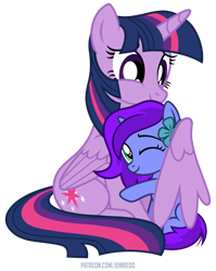 Size: 957x1200 | Tagged: safe, artist:jennieoo, twilight sparkle, oc, oc:aliss, alicorn, pony, unicorn, g4, cute, embrace, female, filly, hug, show accurate, simple background, transparent background, twilight sparkle (alicorn), vector, winghug, wings