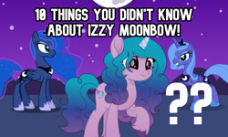 Size: 1000x600 | Tagged: safe, izzy moonbow, princess luna, alicorn, pony, unicorn, equestria daily, g5, april fools, april fools 2021, female, frown, grin, mare, movie accurate, night, prank, question mark, raised hoof, s1 luna, self ponidox, smiling, text