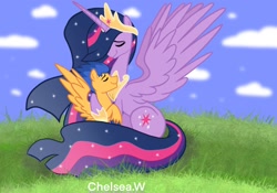 Size: 2048x1431 | Tagged: safe, artist:chelseawest, flash sentry, twilight sparkle, alicorn, pegasus, pony, g4, couple, crown, cuddling, cutie mark, ethereal mane, ethereal tail, eyes closed, female, height difference, hoof shoes, horn, husband, husband and wife, jewelry, male, mare, married couple, older, older flash sentry, older twilight, older twilight sparkle (alicorn), peytral, princess twilight 2.0, regalia, ship:flashlight, shipping, size difference, spread wings, stallion, starry mane, starry tail, straight, twilight sparkle (alicorn), wife, wings
